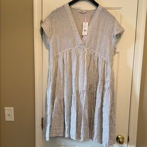 Vineyard Vines Blue and White Striped V-Neck Tiered Midi Dress